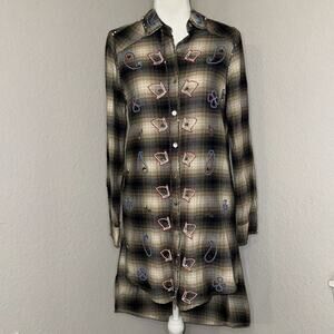 Miss Me Vintage Shirt Dress Women’s Small Brown Black Plaid Embroidered Beaded